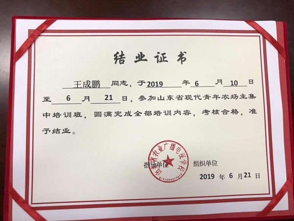 山東省現(xiàn)代青年農場主結業(yè)證書